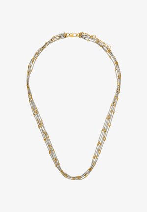 Srebrny naszyjnik wielowarstwowy z złotymi akcentami. Zawiera wydłużone, teksturowane ogniwa oraz okrągłe złote koraliki. Zapięcie na bezpieczną klamrę.