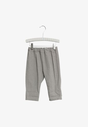 Un pantalon pour tout-petit à carreaux gris avec une taille élastiquée, suspendu sur un cintre rembourré avec des clips métalliques, sur fond blanc.