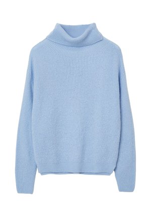 Pull col roulé tricoté bleu clair avec de longues manches et une texture côtelée, présenté sur fond blanc.