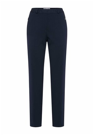 Pantalon slim bleu marine avec taille élastique, texture florale et poches latérales zippées.