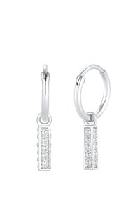 Srebrne oštrice s pravokutnim privjescima ukrašenim prozirnim kamenčićima. Sjajna površina s glatkom teksturom i sigurnim dizajnom kopče.