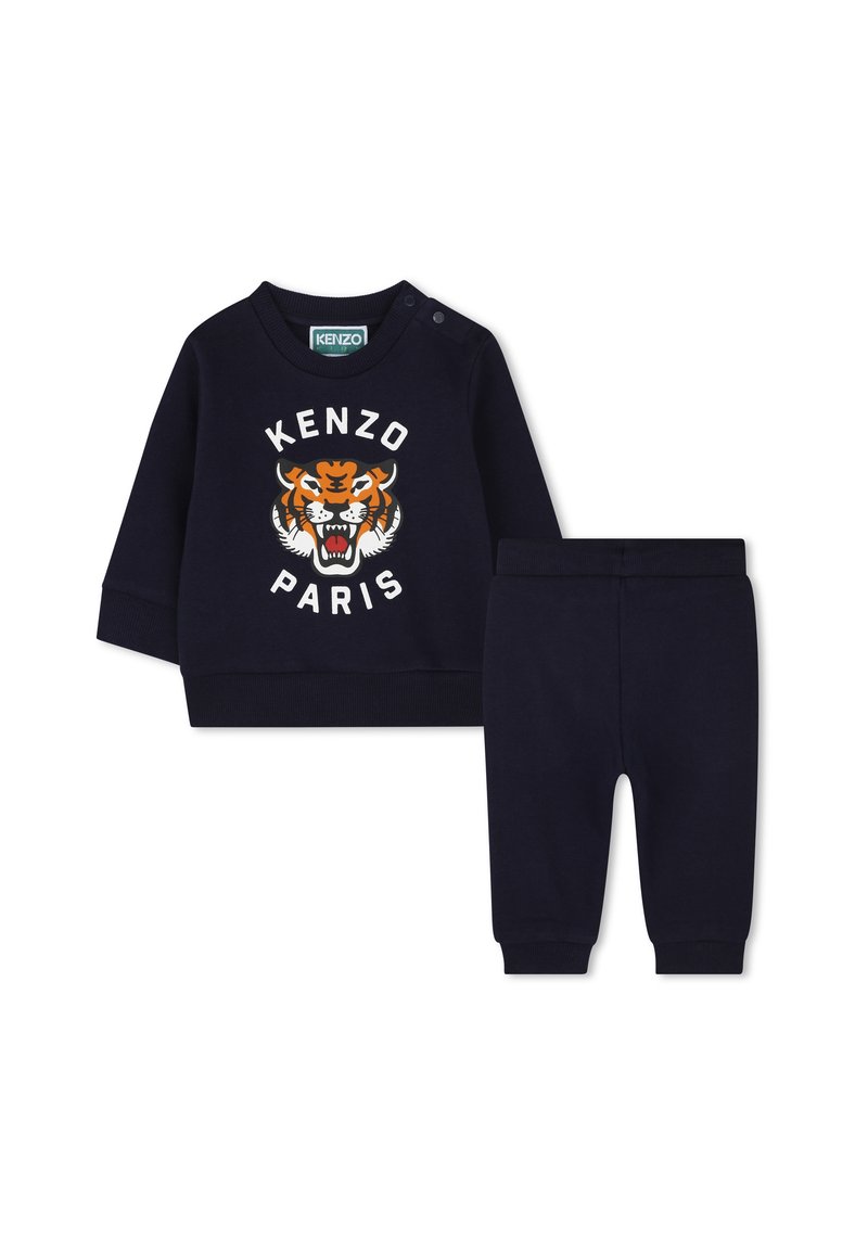 Marineblauwe twee-delige outfit met een sweatshirt met een tijgerafbeelding en de tekst "KENZO PARIS", gecombineerd met bijpassende jogger stijl broek.