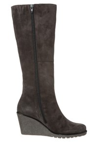 Grijze suede kniehoge wedge laarzen met een zijrits, met een gestructureerde wigzool voor grip en een slanke, gestroomlijnde vorm.
