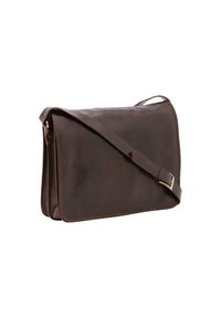 Borsa messaggera in pelle marrone con forma rettangolare, tracolla regolabile e chiusura a patta. Texture liscia con dettagli di cucitura visibili.