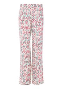 Geprinte broek met een lichte basiskleur en geometrische ontwerpen in roze, blauw en grijs; uitlopende pijpen en een zachte stofstructuur.