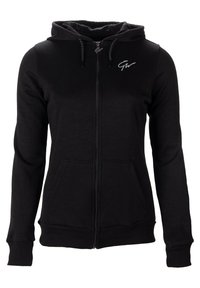 Zwarte zip-up hoodie van zacht katoen. Kenmerken zijn een capuchon, voorzakken, geribbelde manchetten en een geborduurd logo op de borst.