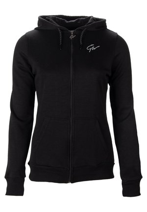Zwarte zip-up hoodie van zacht katoen. Kenmerken zijn een capuchon, voorzakken, geribbelde manchetten en een geborduurd logo op de borst.