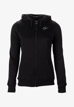 Zwarte zip-up hoodie van zacht katoen. Kenmerken zijn een capuchon, voorzakken, geribbelde manchetten en een geborduurd logo op de borst.