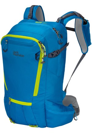 Blauer Rucksack mit leuchtend gelben Akzenten, aus strukturiertem Gewebe gefertigt. Verfügt über mehrere Reisverschlüsse, verstellbare Trageriemen und ein verstärktes Rückenteil.