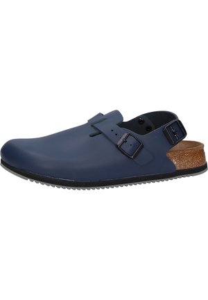 Navy blue clogs with a smooth finish, adjustable strap, cork accent on the heel, and textured rubber sole for grip.