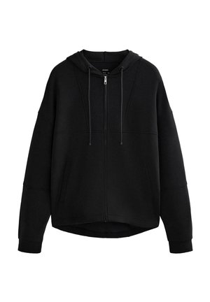 Black full-zip hoodie with drawstring hood, long sleeves, front pockets, and a slightly curved hem.