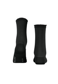 Sorte knæhøje sokker med en bølget topkant. Lavet af et glat materiale, med størrelsesangivelser på sålen. Simpelt design.