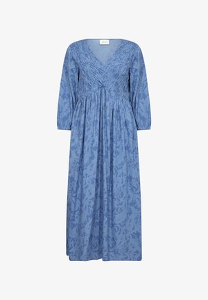 Blue maxi dress featuring a V-neck, long sleeves, and textured smocking detail at the bodice, with a subtle floral pattern throughout.