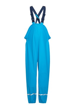 Salopettes bleues imperméables avec bretelles réglables bleu marine, dotées de renforts aux genoux, de poignets élastiques et d'accents réfléchissants argentés.