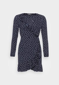 Navyblaues lange Wickelkleid mit weißen Punkten, mit Rüsche entlang des Ausschnitts, der Vorderseite und dem Saum.
