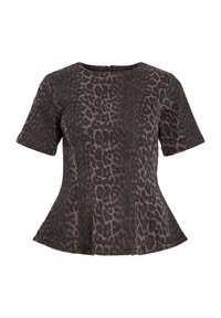 Top peplum w zwierzęcym wzorze w ciemnym purpurowym i czarnym odcieniu, wykonany z mieszanki bawełny. Posiada krótkie rękawy oraz okrągły dekolt z detalami szwów.