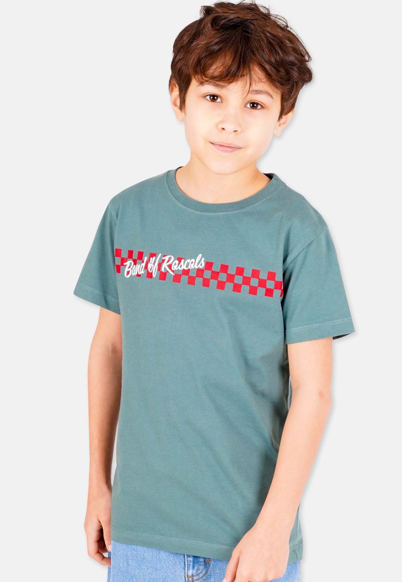 Green cotton t-shirt featuring a red checkered pattern and "Band of Rascals" text across the chest. Short sleeves and round neckline.