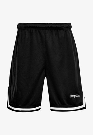 Black athletic shorts made of a lightweight mesh material. Features white side stripes and logo detail on the hem. Elastic waistband.