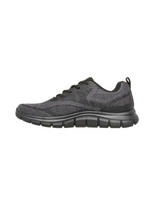 Schwarzer Sportschuh mit gestricktem Obermaterial, Schnürverschluss, gepolsterter Sohle und Zuglasche an der Ferse, seitlich gezeigt.