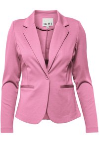 Pink blazer with long sleeves, notched lapels, two front pockets, and a single button closure. Made of smooth fabric with a fitted design.