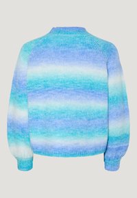 Knitted sweater in gradient hues of blue and light blue, featuring a round neckline, long sleeves, and ribbed cuffs. Smooth texture.