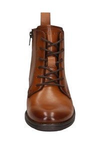 Braune Leder-Ankleboots mit runder Zehenform, Schnürung vorne und seitlichem Reißverschluss. Mit glatter Textur und stabiler Sohle.