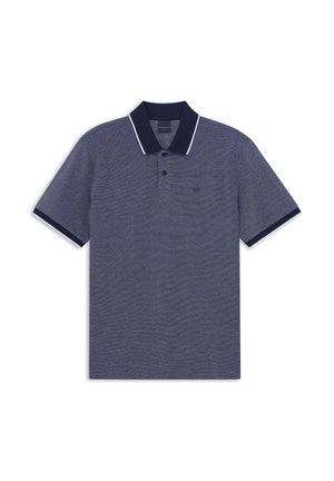 Dunkelblaues Poloshirt mit kurzen Ärmeln, dunklem Kragen und Ärmelabschlüssen, Zwei-Knopf-Leiste und kleinem besticktem Logo auf der Brust.