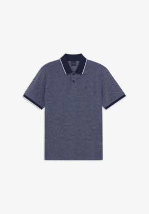 Dunkelblaues Poloshirt mit kurzen Ärmeln, dunklem Kragen und Ärmelabschlüssen, Zwei-Knopf-Leiste und kleinem besticktem Logo auf der Brust.