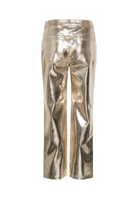 Metallic aukso kelnės su blizgiu paviršiumi, tiesiais džinsų modelio kojomis, dviem galiniais kišenėmis ir logotipo aplikacija ant juosmens.