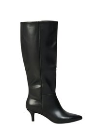 Bottes en cuir noir jusqu'au genou avec un design épuré, un bout pointu et un petit talon, présentant une texture lisse et un style minimaliste.