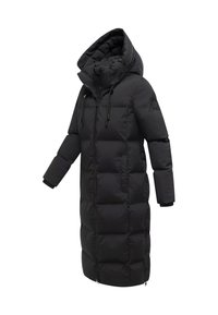 Black puffer coat with a long design, high collar, drawstring hood, and zippered front. Features a quilted texture and elastic cuffs.