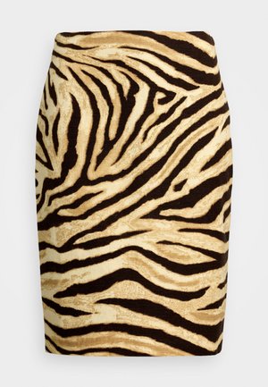 Zebra mintázatú szoknya, amelynek texturált felülete váltakozó barna és világosbarna csíkokkal rendelkezik. Fogatott kialakítás, amely a térd fölé ér.