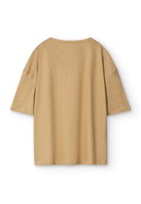 Beige kortärmad t-shirt sedd bakifrån med rund halsringning, avslappnad passform och sänkta axlar mot en vit bakgrund.