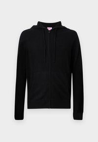 Sweat à capuche noir à fermeture éclair, fabriqué en tissu doux, avec une capuche à cordon, des poches avant et des poignets côtelés aux extrémités des manches.