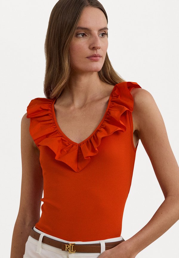 RUFFLE TRIM COTTON SLEEVELESS TOP - Top - orange2