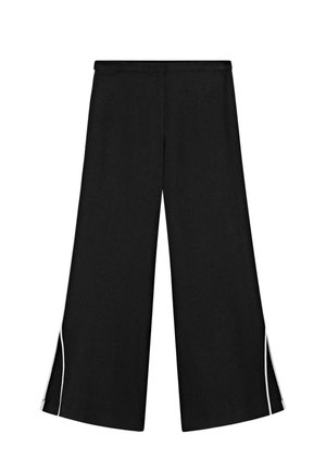 Black wide-leg pants with side slits and white piping detail along outer seams, featuring a flat waistband.