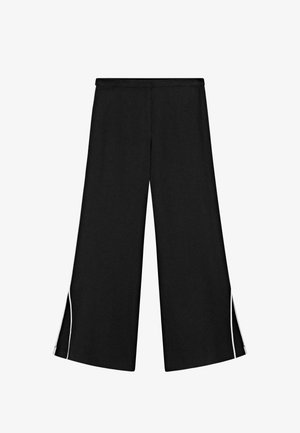 Black wide-leg pants with side slits and white piping detail along outer seams, featuring a flat waistband.
