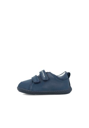 Zapatos de cuero en azul marino oscuro con dobles correas de Velcro, punta redonda, suela texturizada, acabado liso y diseño minimalista.