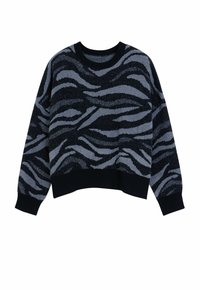 Maglione a maglia nero e grigio con un motivo zebra ondulato. Presenta un collo rotondo e polsini e orlo a coste. Morbido al tatto con una vestibilità casual.