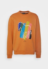 Sudadera naranja con cuello redondo, que presenta un diseño de caballo multicolor con contornos delineados y texto en la parte inferior. Textura suave.