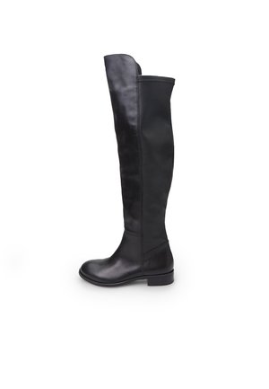 Black leather knee-high boot with a rounded toe, flat heel, and smooth texture; features a subtle seam detail along the sides.