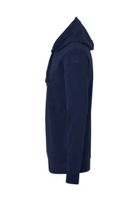 Felpa blu navy realizzata in tessuto morbido, con tasca a marsupio, cappuccio con lacci e dettaglio del logo circolare sulla spalla sinistra.