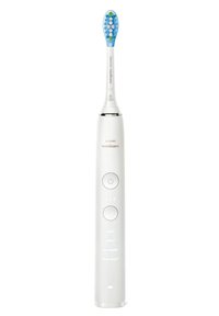 Spazzolino elettrico Sonicare con manico bianco e testina blu con accenti verdi. Comprende pulsanti di controllo e luci indicative.