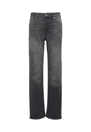 Jean en denim gris foncé avec une coupe droite, doté d'un style classique à cinq poches et d'une fermeture à glissière avec bouton.