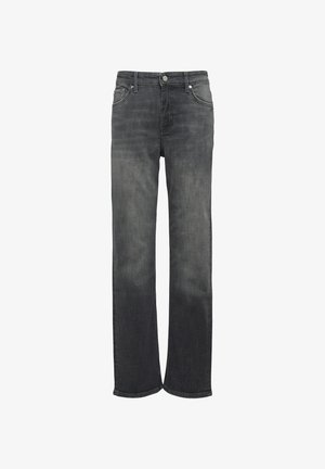 Jean en denim gris foncé avec une coupe droite, doté d'un style classique à cinq poches et d'une fermeture à glissière avec bouton.