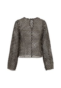 Geknipte, langemouwen top in zwart en grijs gaas met een golvend patroon. Beschikt over een sleutelgat sluiting aan de achterkant en een textuur oppervlak.