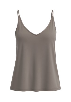 Grijze top met een diepe V-halslijn, slanke verstelbare bandjes en een zachte, gladde textuur met een losvallend ontwerp.