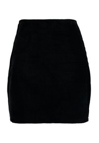 Minifalda de pana negra con textura de estrías verticales, silueta ajustada y dobladillo recto. Presenta doble abertura lateral.