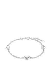 Bracciale d'argento con tre ciondoli a forma di cuore lucidi su una delicata catena, dotato di chiusura a gancio e lunghezza regolabile.