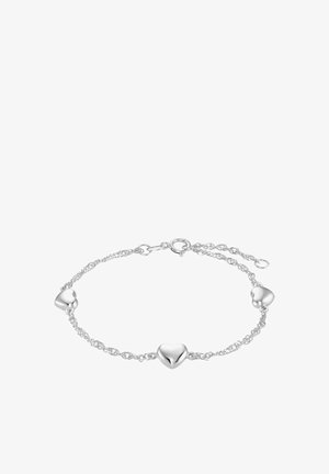 Srebrna bransoletka z trzema polerowanymi charmsami w kształcie serca na delikatnym łańcuszku, z zapięciem typu lobster i regulowaną długością.